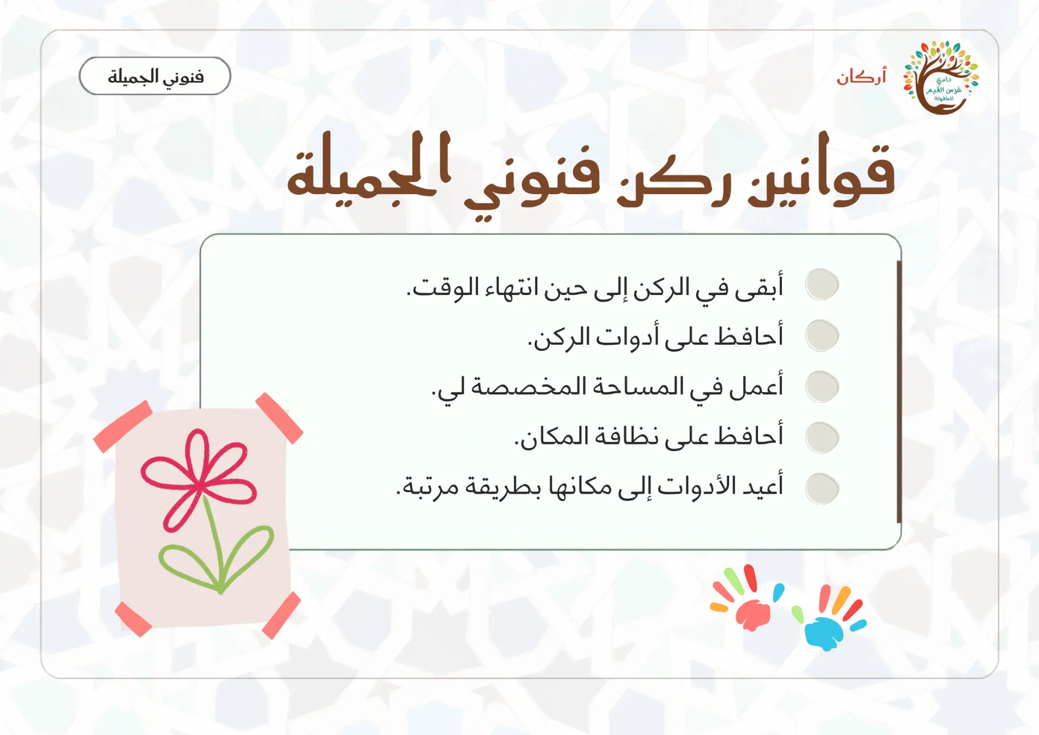بطاقة قوانين ركن فنوني الجميلة