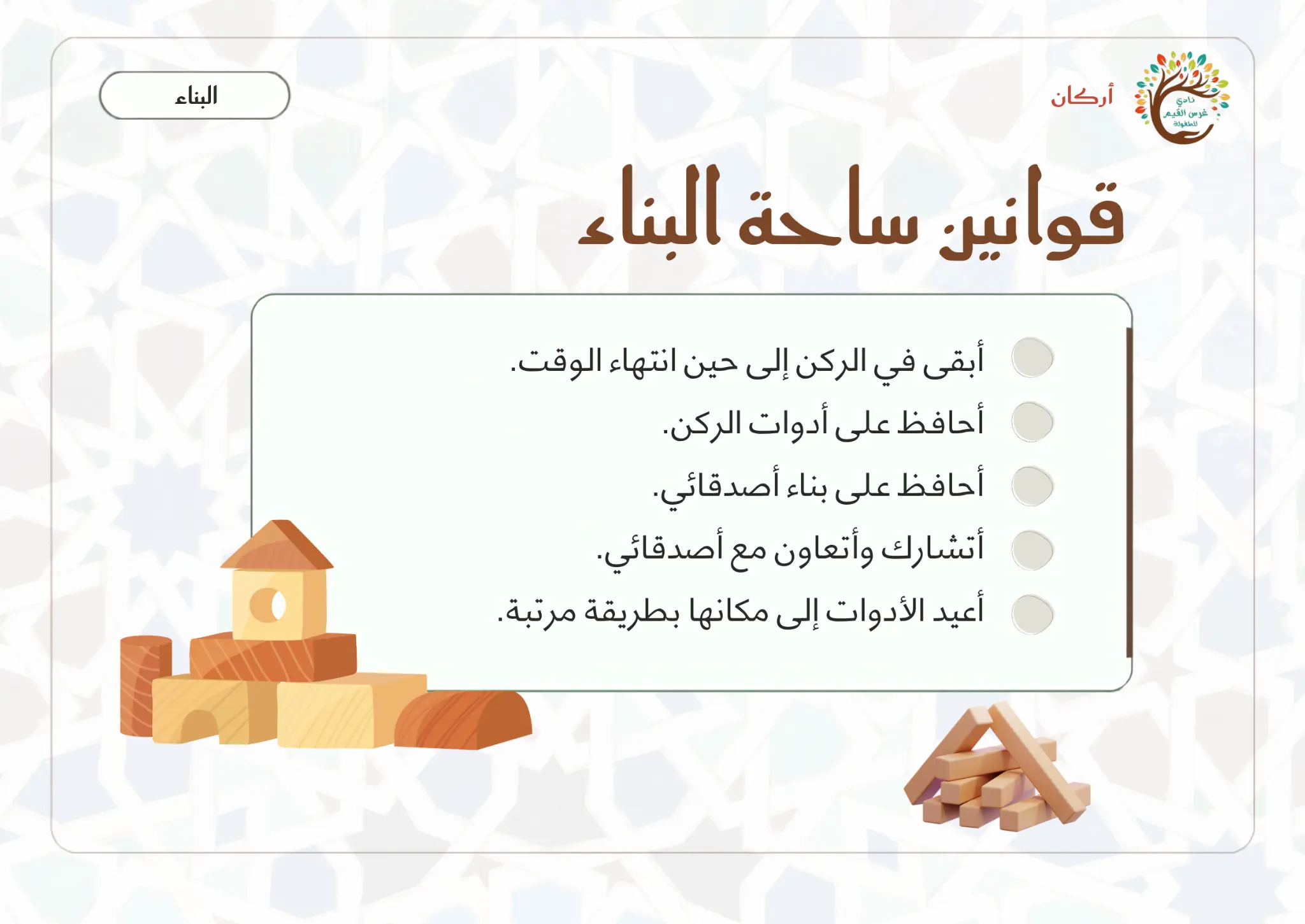 بطاقة قوانين ركن ساحة البناء