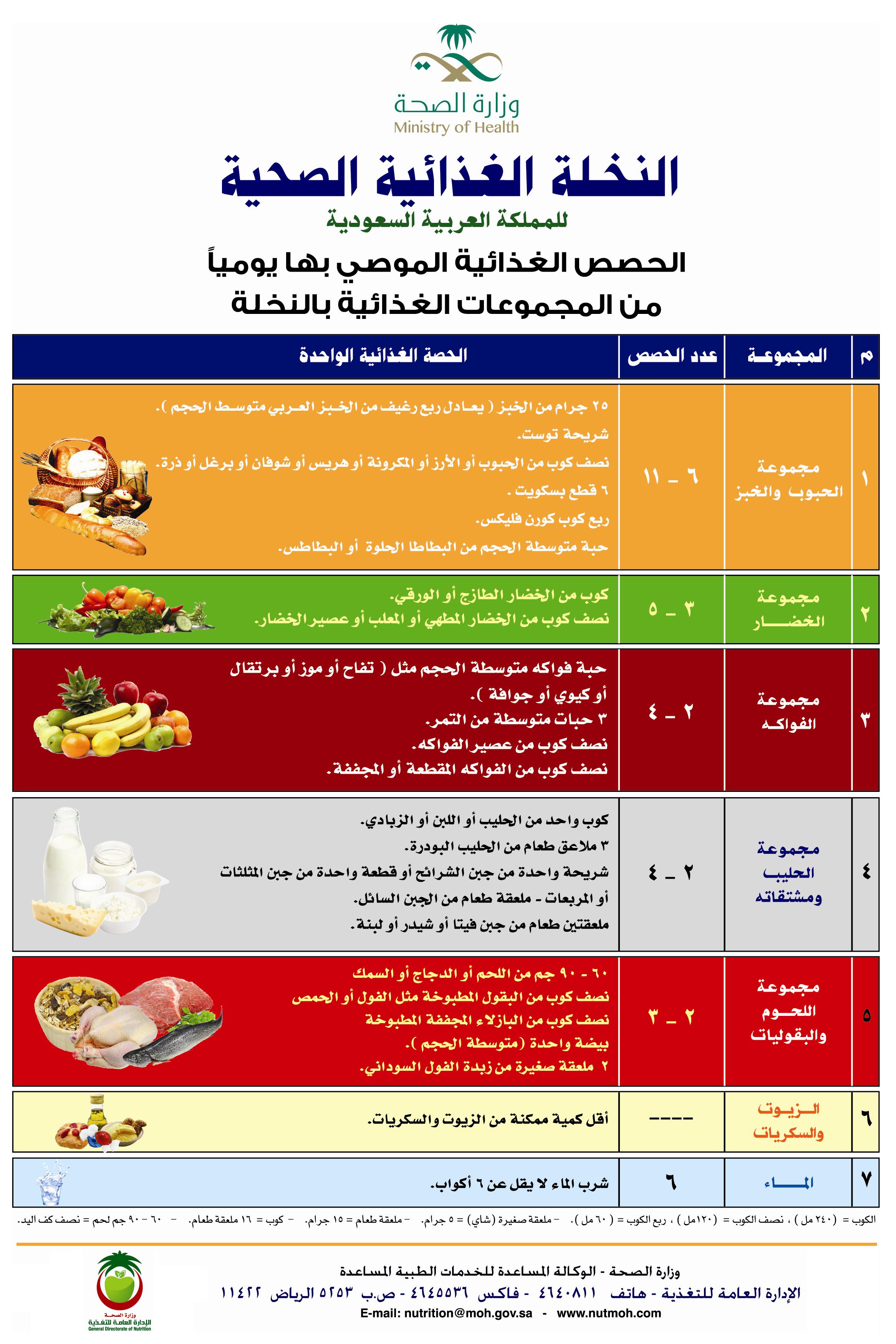النخلة الغذائية الصحية — الحصص اليومية الموصى بها، وزارة الصحة السعودية