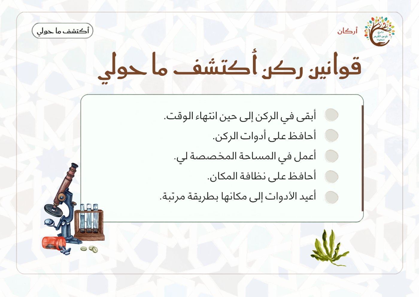 بطاقة قوانين ركن أكتشف ما حولي