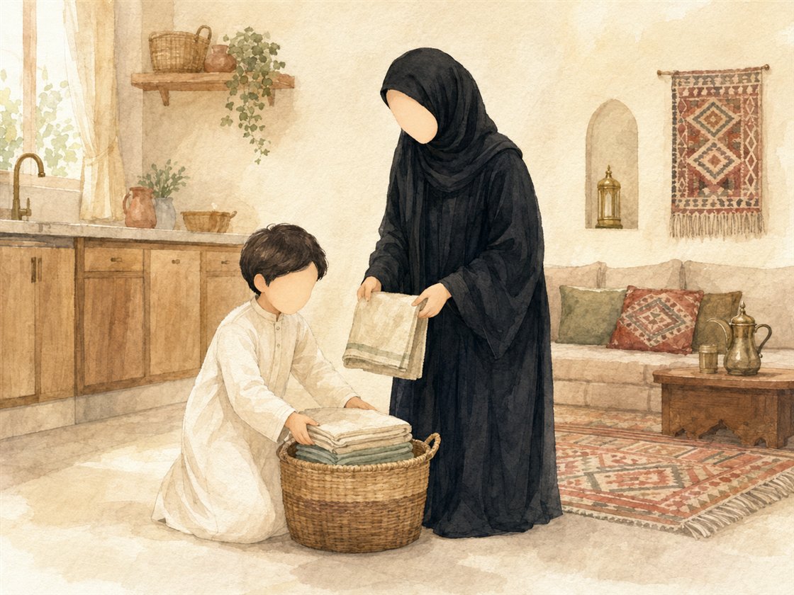 طفل يساعد والدته في البيت