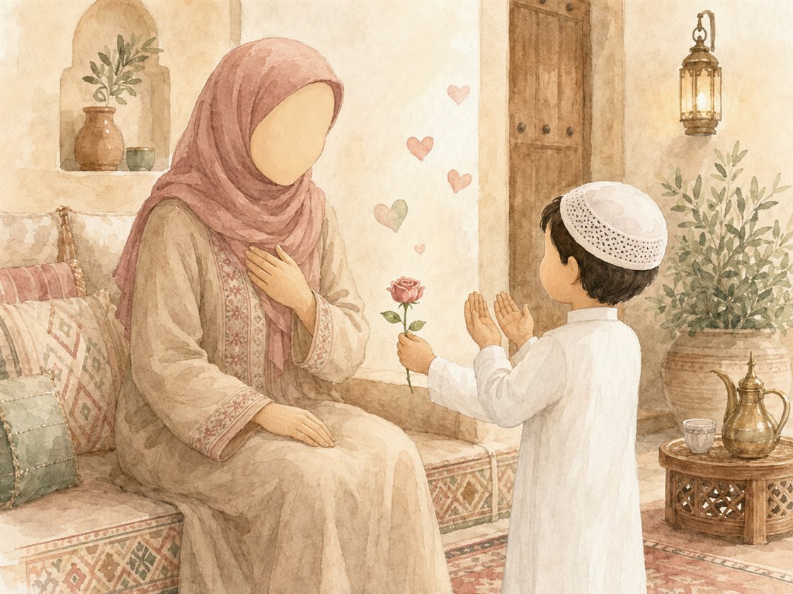 طفل يقدّم هدية ويدعو لوالديه